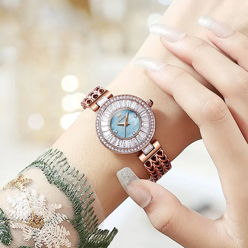 Olevs Light Blue MOP Dial Rose Gold ladies Watch- 9959